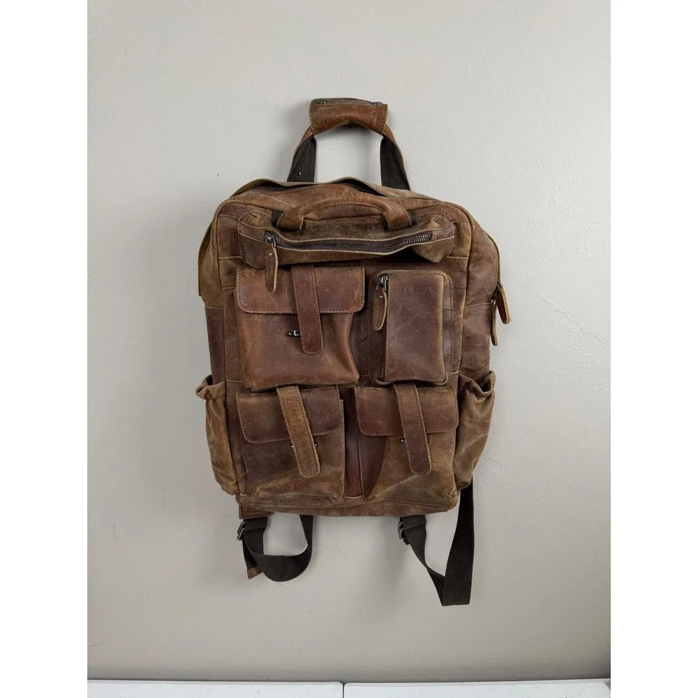 Brown Leather Multi Pocket Backpack Rucksack Laptop Sleeve Mens Bag
